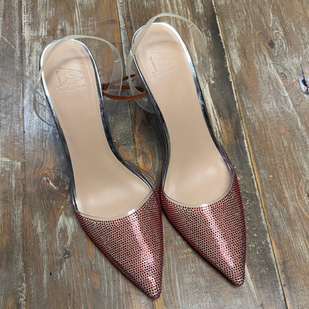 AAJ By Aminah Saatva Rhinestone Pointd-Toe Slingback Pumps Red